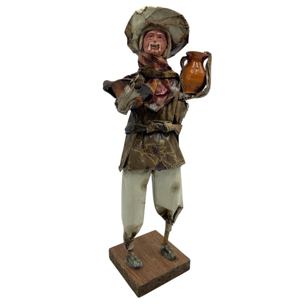 Vintage Mexican Paper Mache Folk Art Figure Of Man With Pottery On Wooden Base